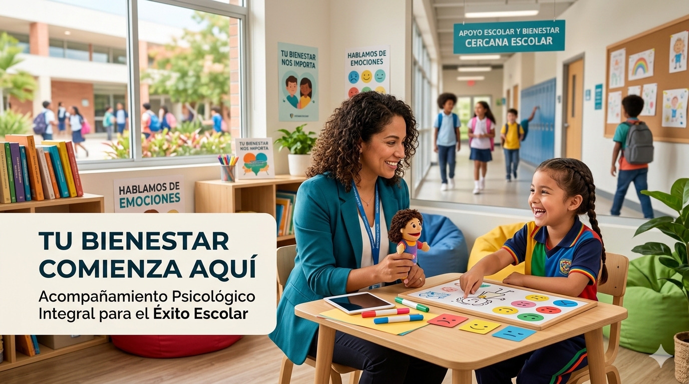 Psicóloga escolar acompañando a una estudiante en un colegio dominicano